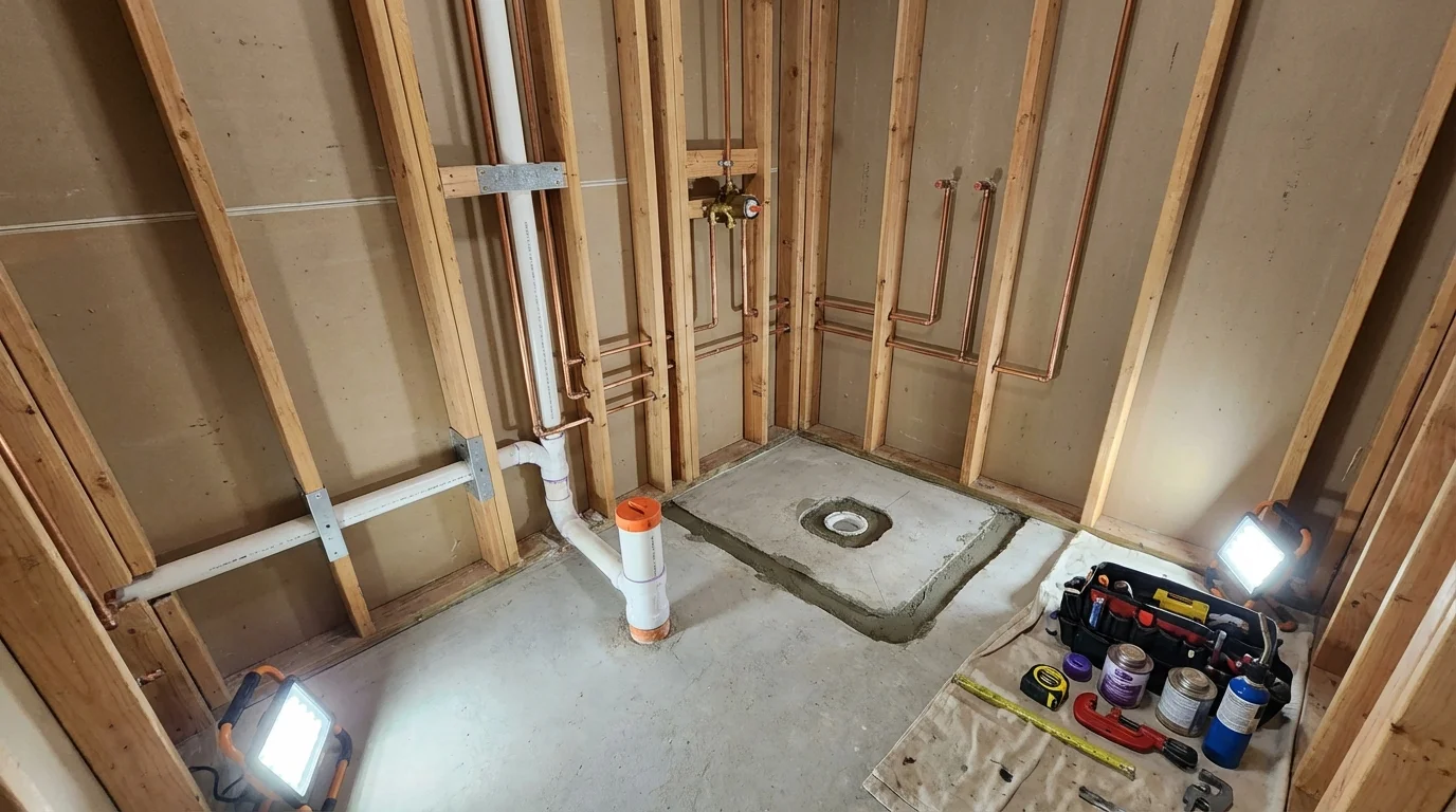 Bathroom rough-in plumbing during remodel by Johns Plumbing LLC in Andover