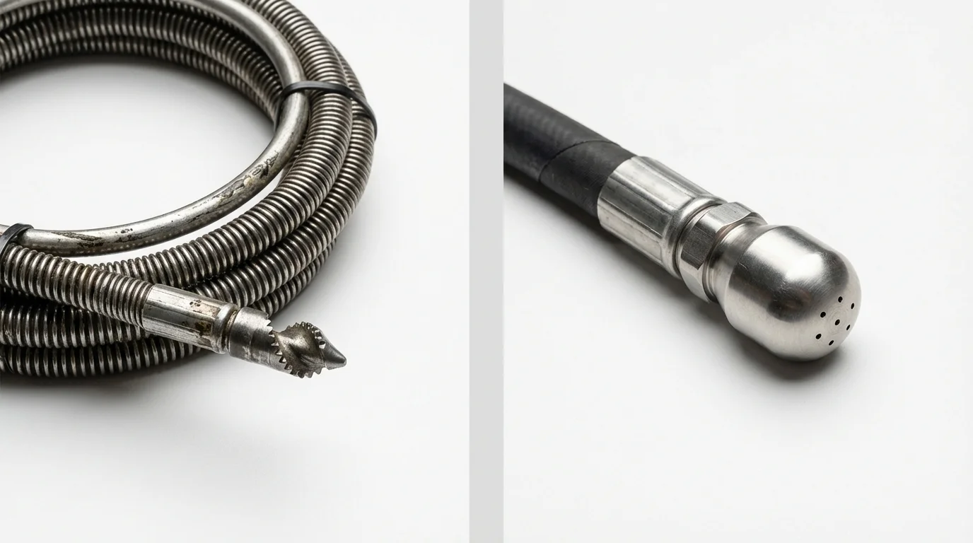 Drain snake cable and hydro jetting nozzle used for drain cleaning in Andover, KS