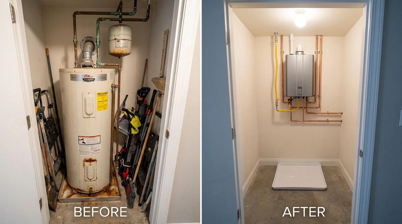 Tank water heater versus wall-mounted tankless unit comparison for Andover, KS homeowners