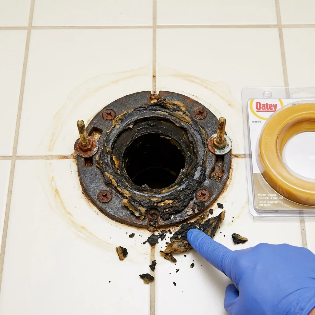 Failed wax ring showing water seepage at the base of a toilet in a Andover, KS home