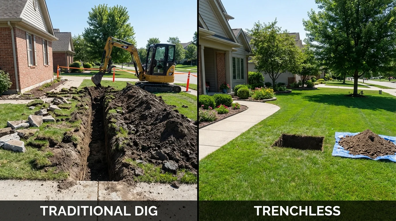 Trenchless sewer repair with minimal yard damage versus traditional excavation in Andover, KS