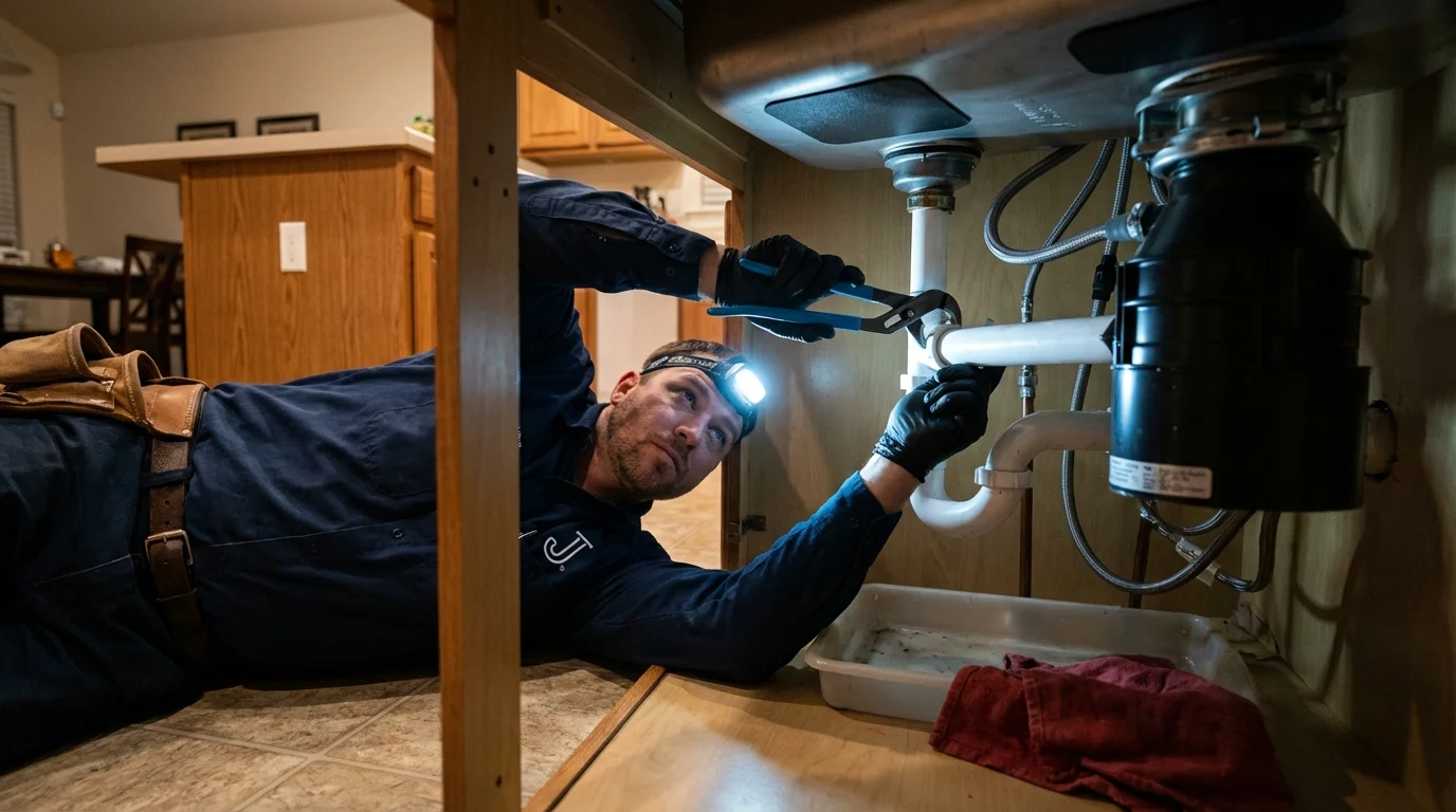 P-trap and supply line connections under a kitchen sink showing a common leak point in Andover, KS